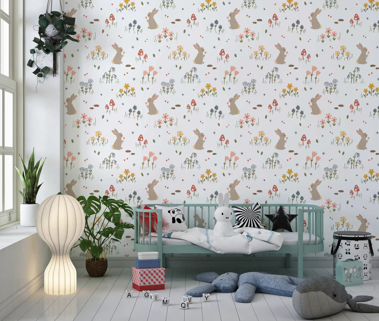 Bunny and red mushroom wallpaper with hearts and tiny blue flower., GD10071