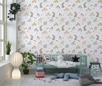 Bunny and red mushroom wallpaper with hearts and tiny blue flower., GD10071