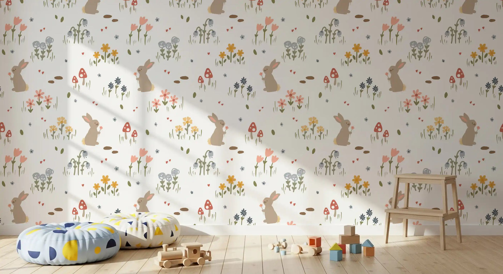 Repeat illustration wallpaper of soft tan bunnies holding flowers in a storybook style., GD10071