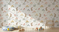 Repeat illustration wallpaper of soft tan bunnies holding flowers in a storybook style., GD10071