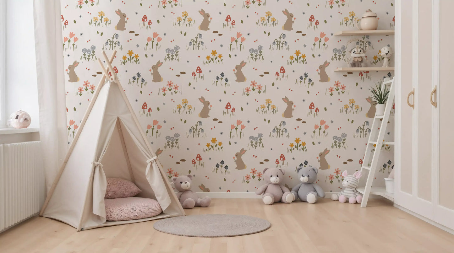 Pastel meadow wallpaper featuring tulips, daisies and bellflowers in muted tones, GD10071
