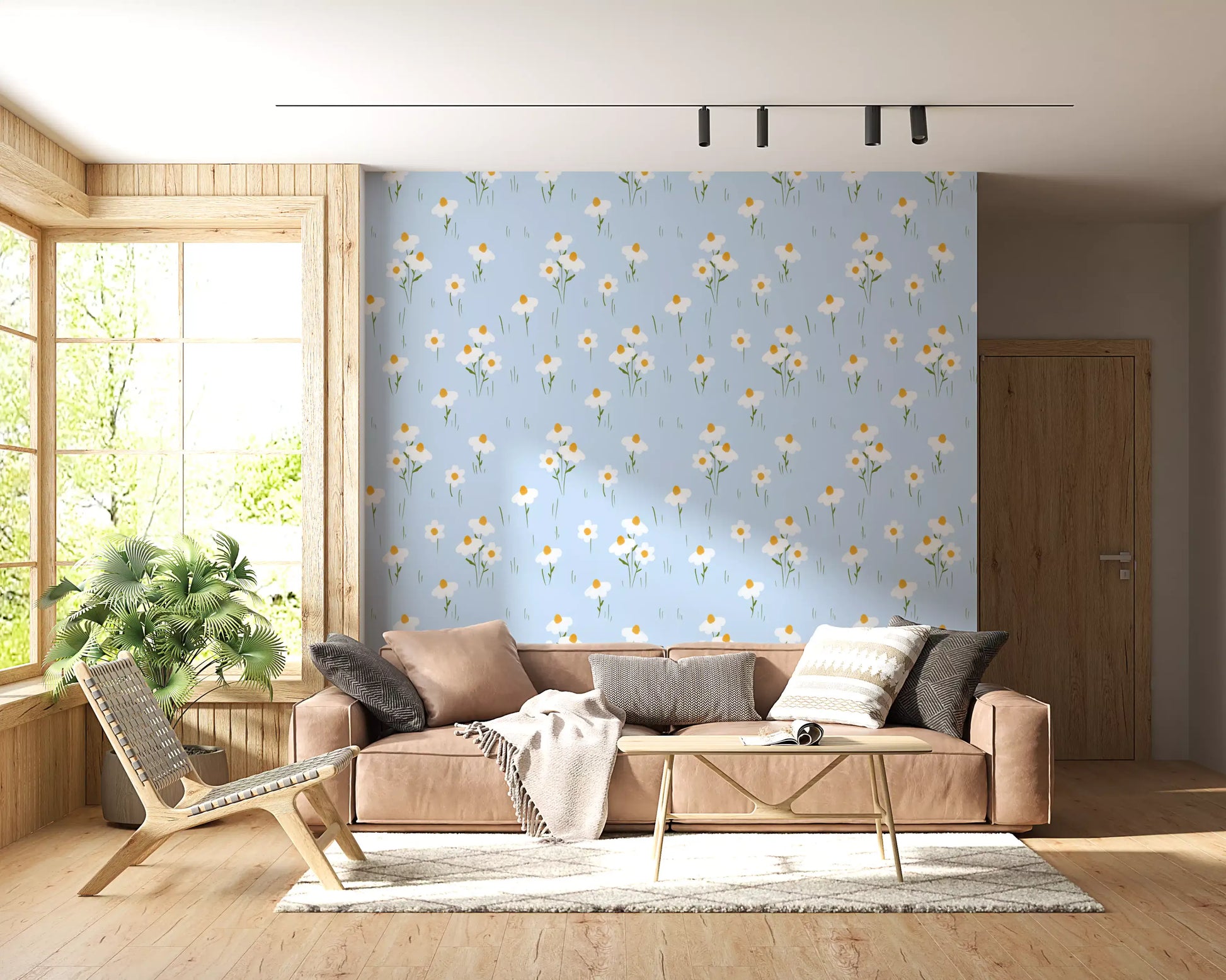 Floral repeat wallpaper featuring scattered daisy blooms on blue.