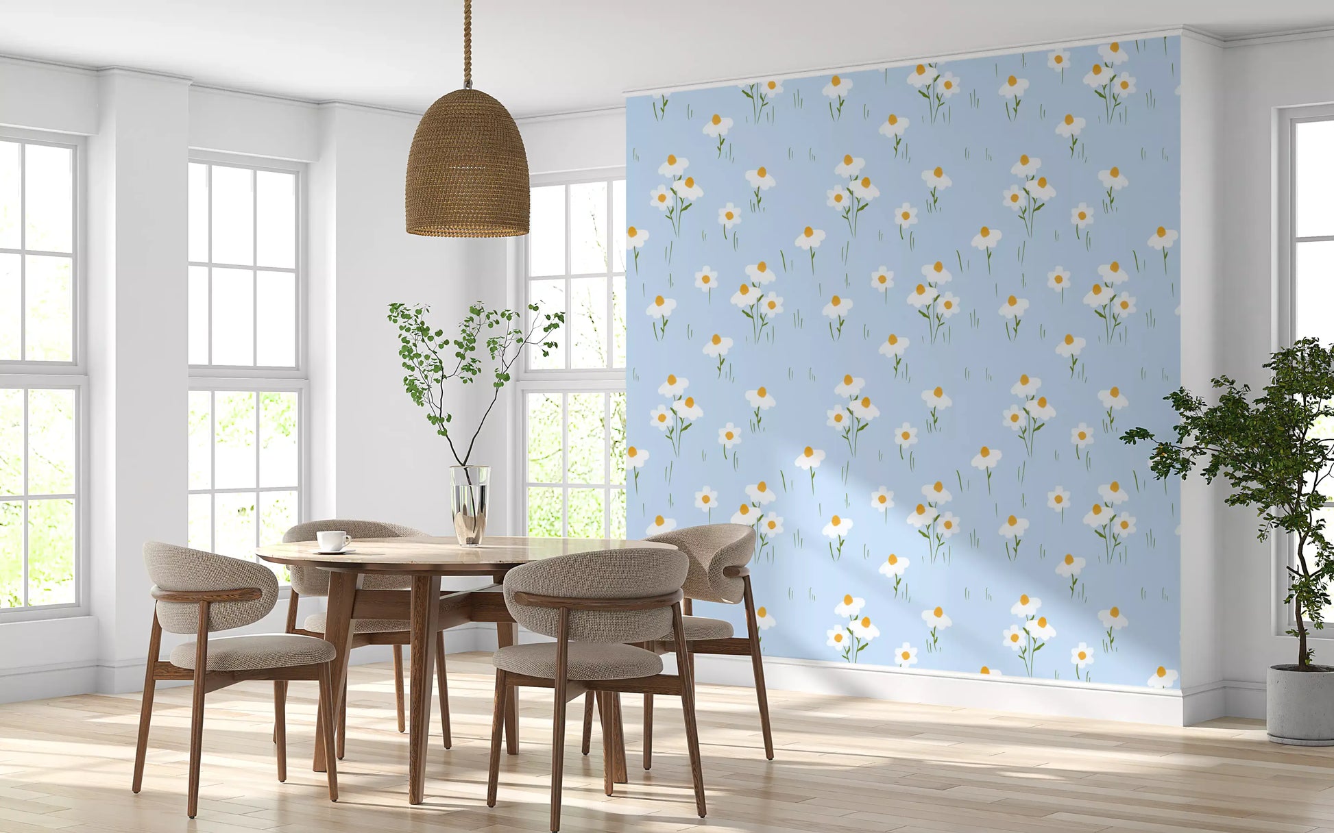 Open dining room wall with daisy wallpaper with white floral print.