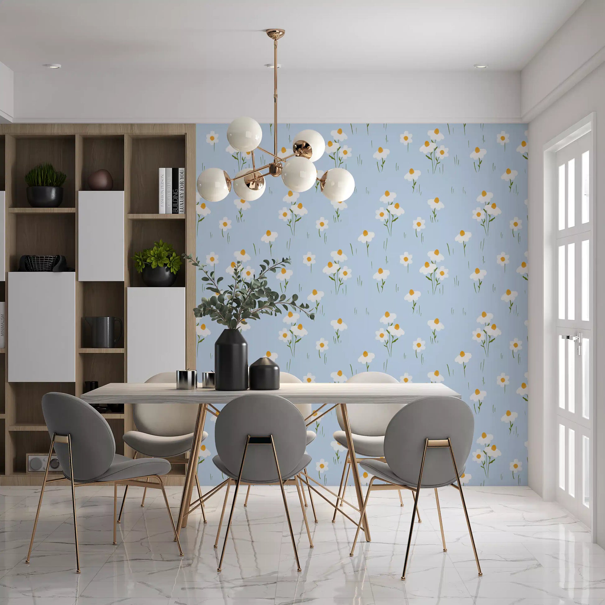 Whimsical daisy pattern wallpaper in pale blue and white tones.