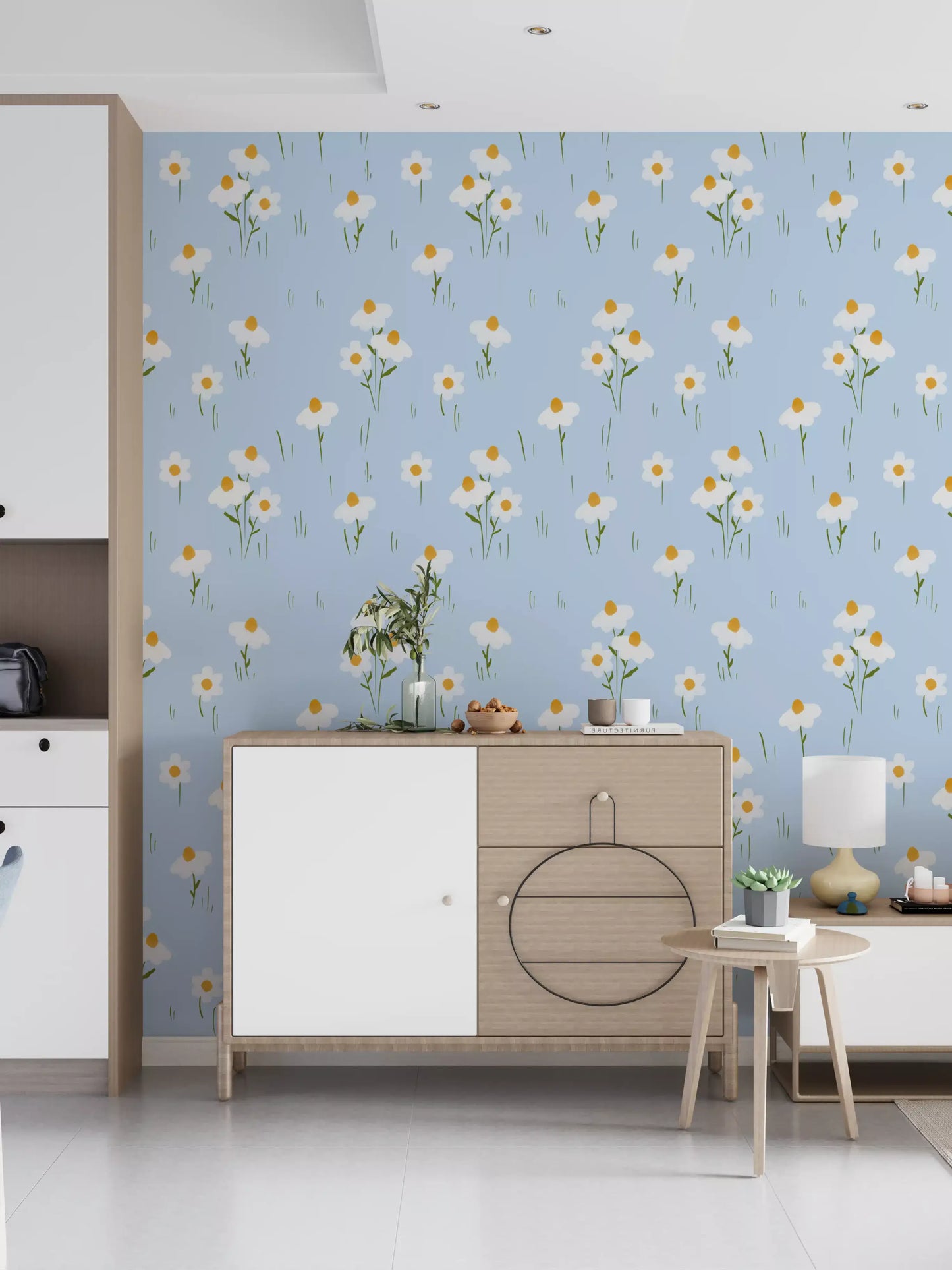 Hallway wall featuring white daisy blooms on blue wallpaper.