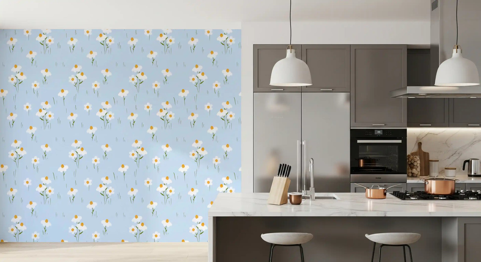 Kitchen area backdrop with pale blue daisy floral wallpaper.