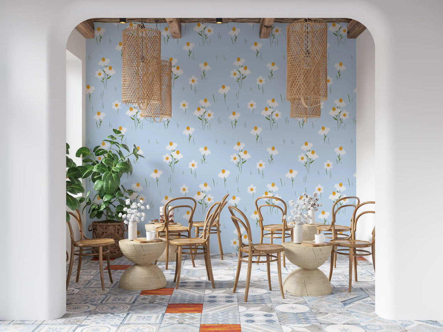 Dining room wall styled with whimsical daisy floral wallpaper. 