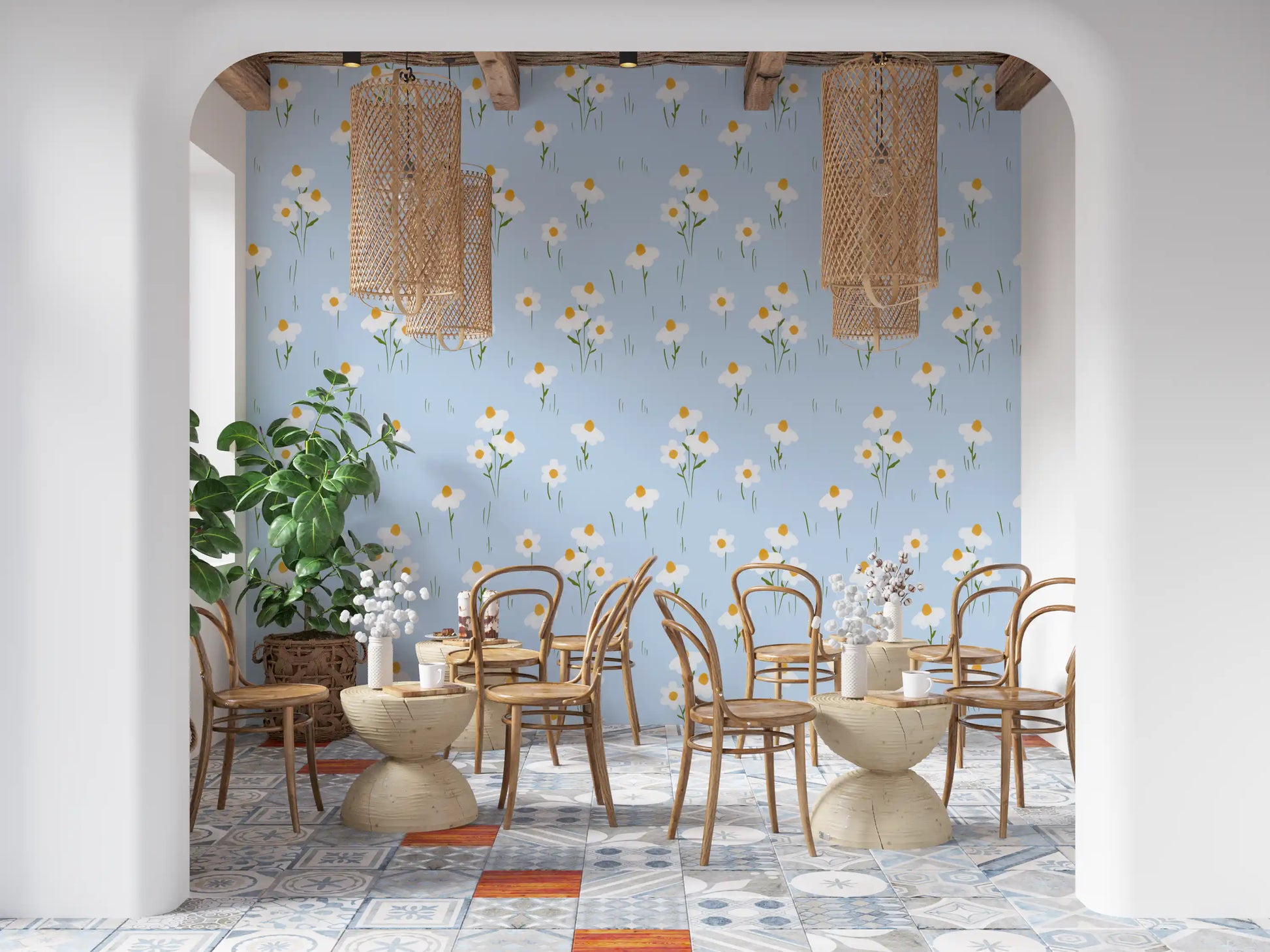 Dining room wall styled with whimsical daisy floral wallpaper. 