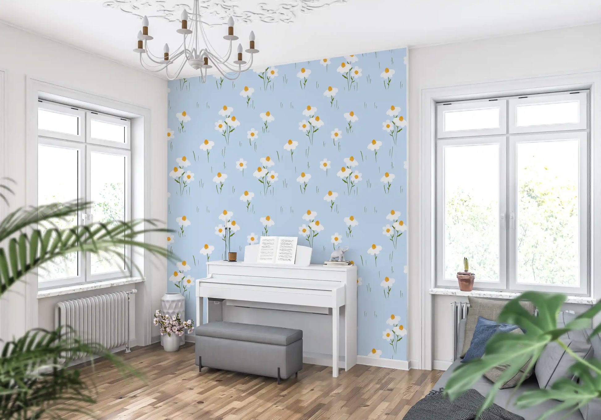 Watercolor daisy wallpaper with green stems and light grass strokes.