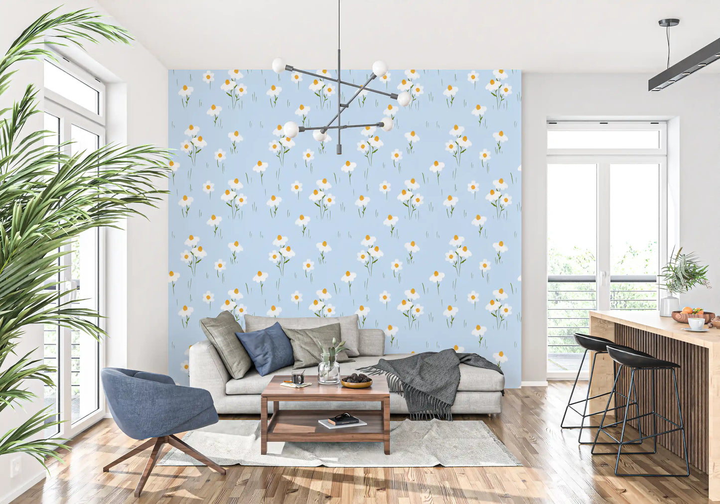Daisy wallpaper with white flowers and yellow centres on soft blue base.