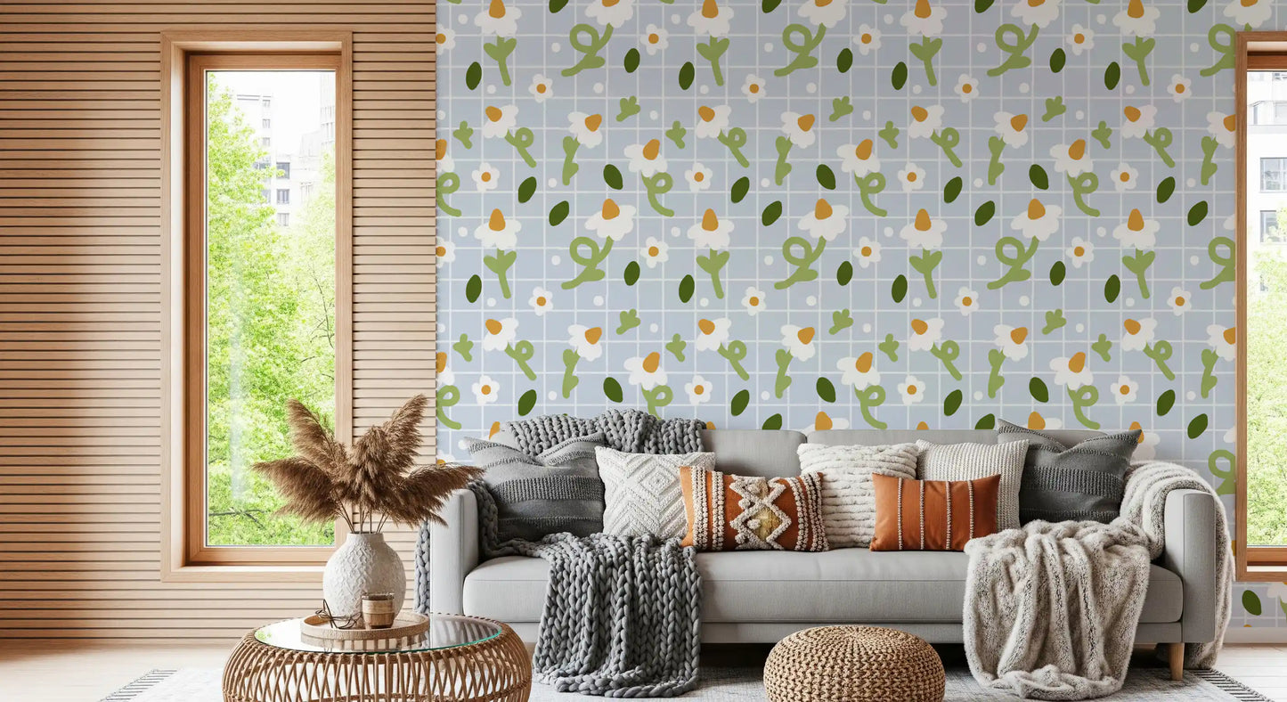 Whimsical daisy wallpaper with blue squares in living room., GD10073
