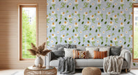 Whimsical daisy wallpaper with blue squares in living room., GD10073