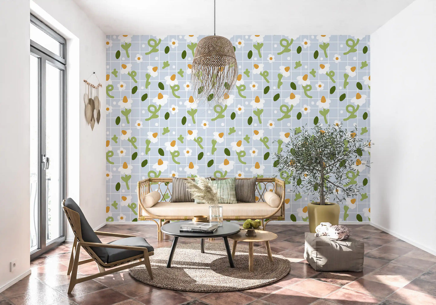 Daisy wallpaper with orange-mustard centres and sage green stems., GD10073
