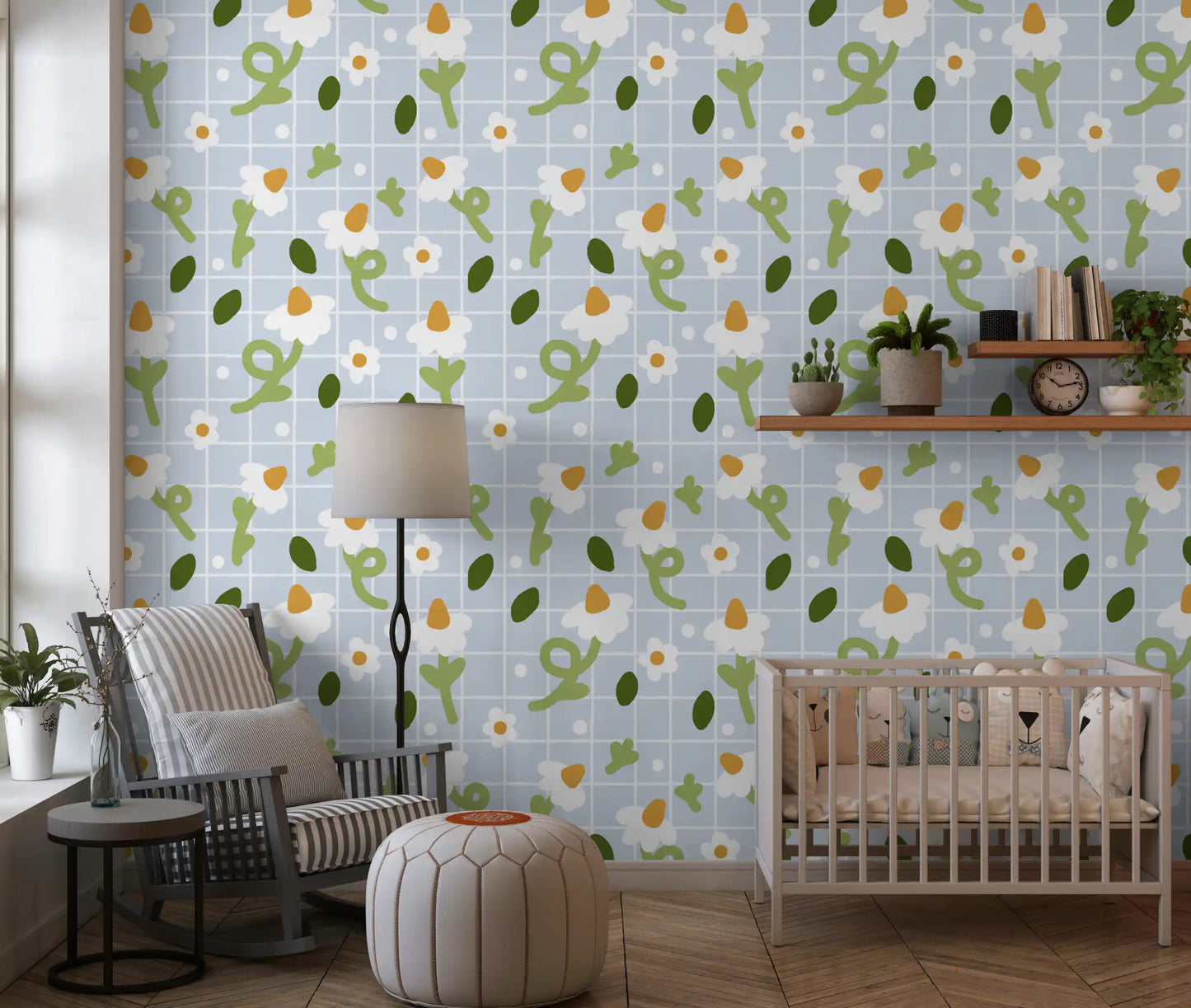 White daisies and curly green stems on a pale blue grid wallpaper background., GD10073