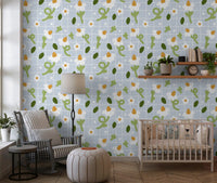 White daisies and curly green stems on a pale blue grid wallpaper background., GD10073