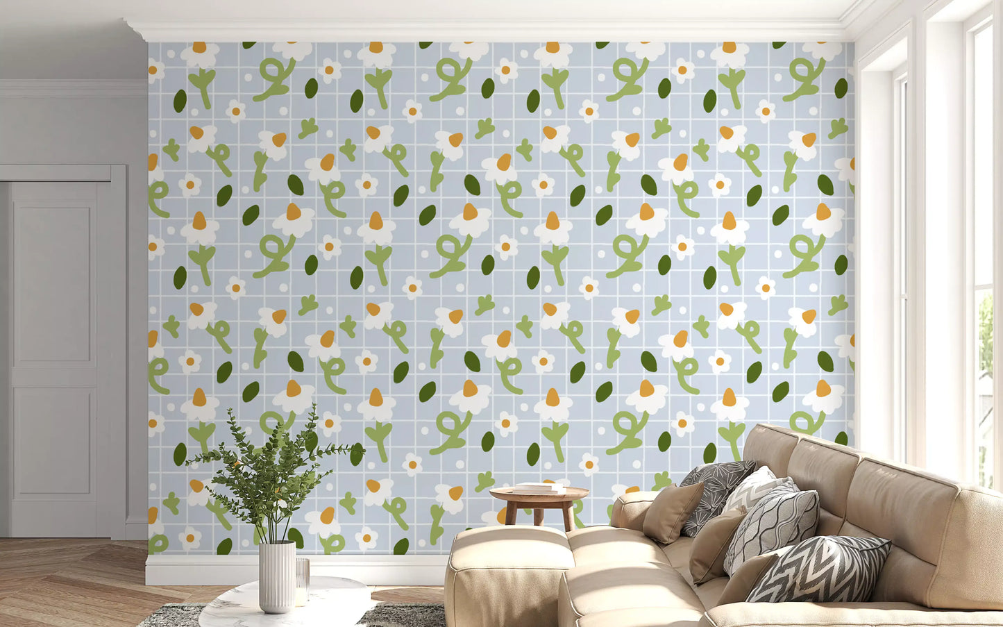 Whimsical white daisy and pale blue grid repeat wallpaper pattern., GD10073