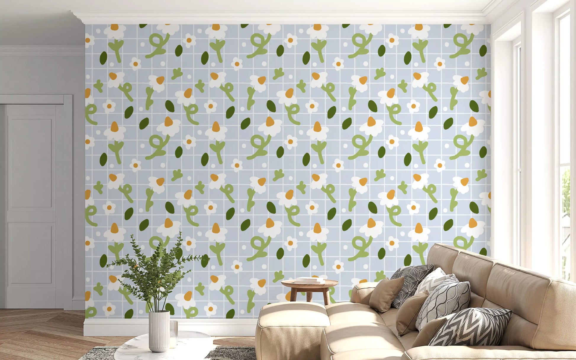 Whimsical white daisy and pale blue grid repeat wallpaper pattern., GD10073