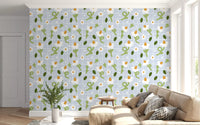 Whimsical white daisy and pale blue grid repeat wallpaper pattern., GD10073