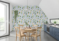 Pale blue daisy wallpaper used across a cheerful dining room backdrop., GD10073