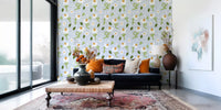 Pale blue grid wallpaper with white daisies, olive leaves and scattered dots., GD10073