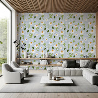 Daisy floral wallpaper print in dusty blue, white, sage and mustard., GD10073