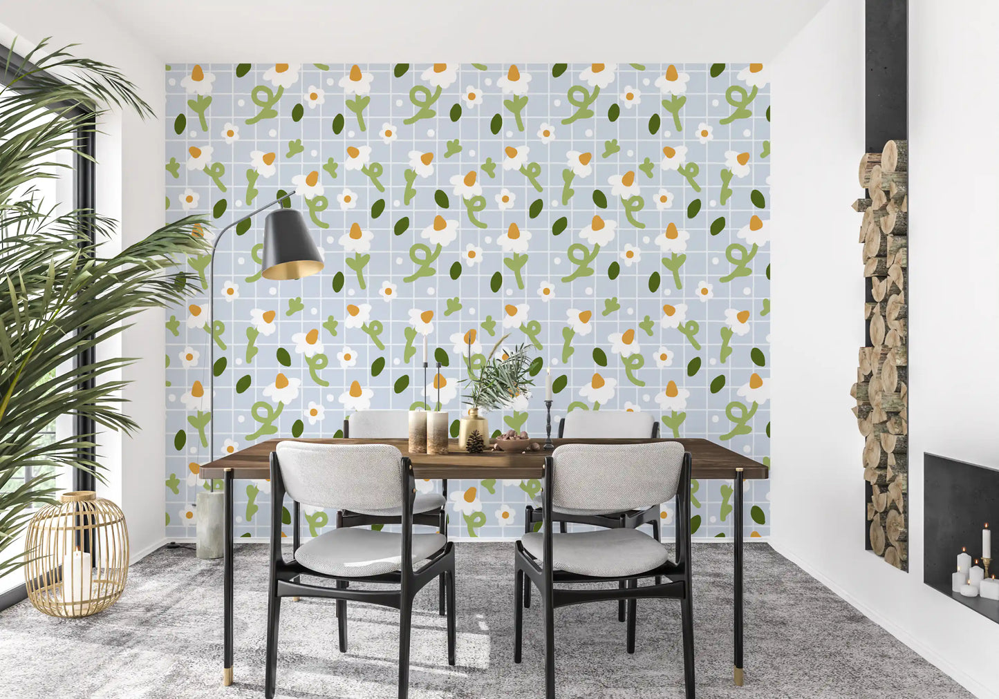 Daisy and grid pattern wallpaper with floral motifs in dining nook., GD10073