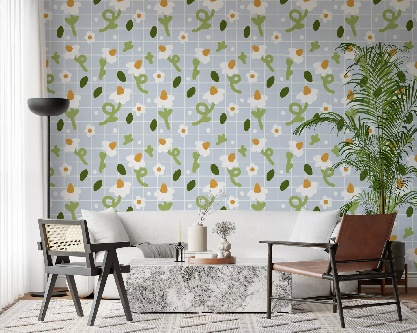 loral wallpaper with daisies and grid pattern in bright living room., GD10073