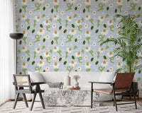 loral wallpaper with daisies and grid pattern in bright living room., GD10073