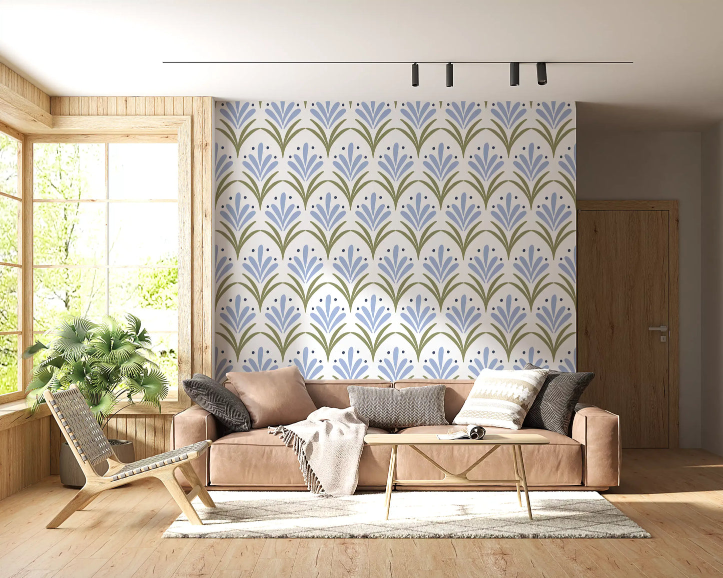 Repeat fan floral pattern wallpaper in light blue, olive green and navy dots. 