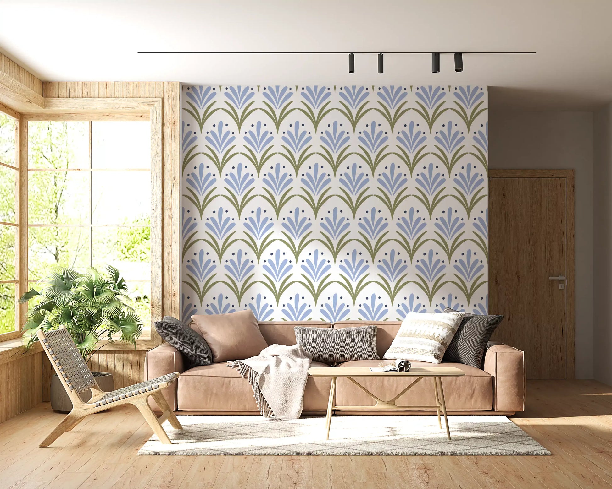 Repeat fan floral pattern wallpaper in light blue, olive green and navy dots. 