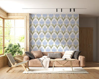Repeat fan floral pattern wallpaper in light blue, olive green and navy dots. 