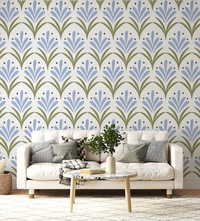 Floral pattern wallpaper covering a living room accent wall.