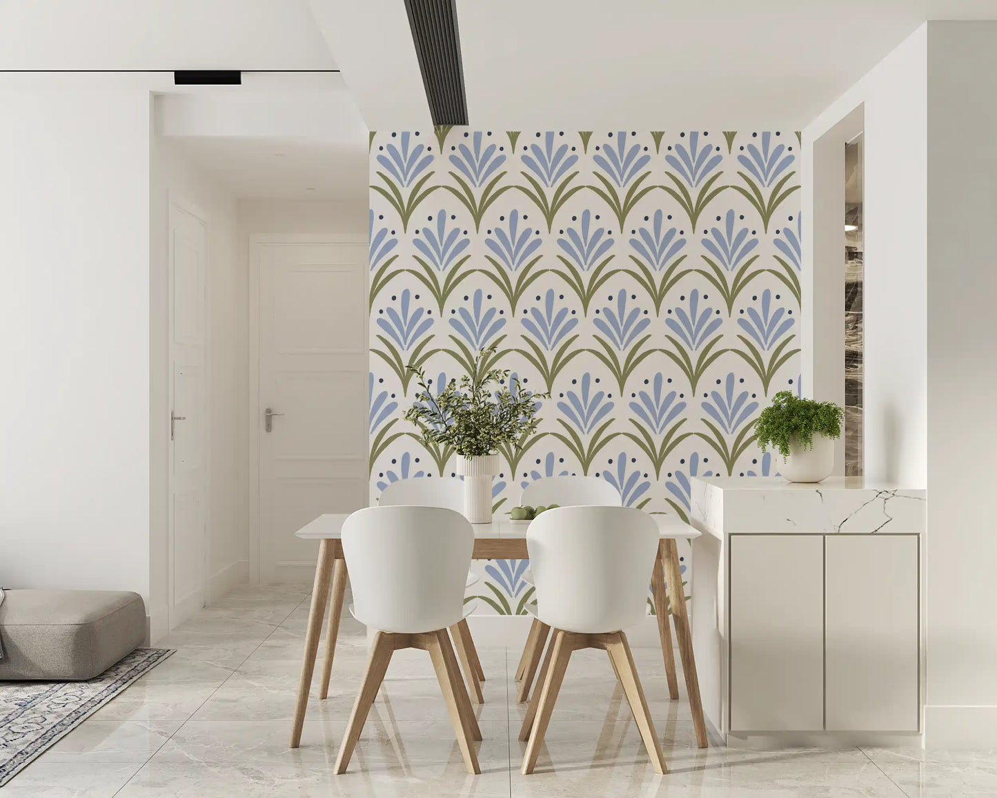 Stylised teardrop petal wallpaper with arching green stems and small navy dot accents.