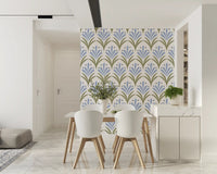 Stylised teardrop petal wallpaper with arching green stems and small navy dot accents.