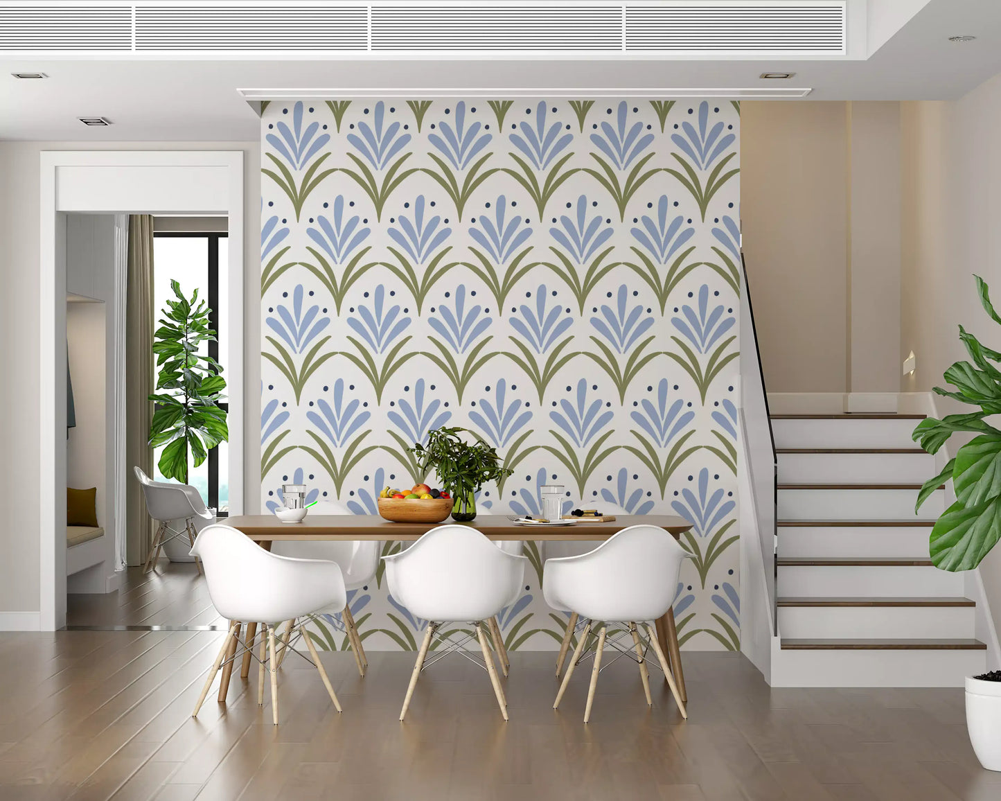 Art Deco floral pattern wallpaper installed on a dining room interior.