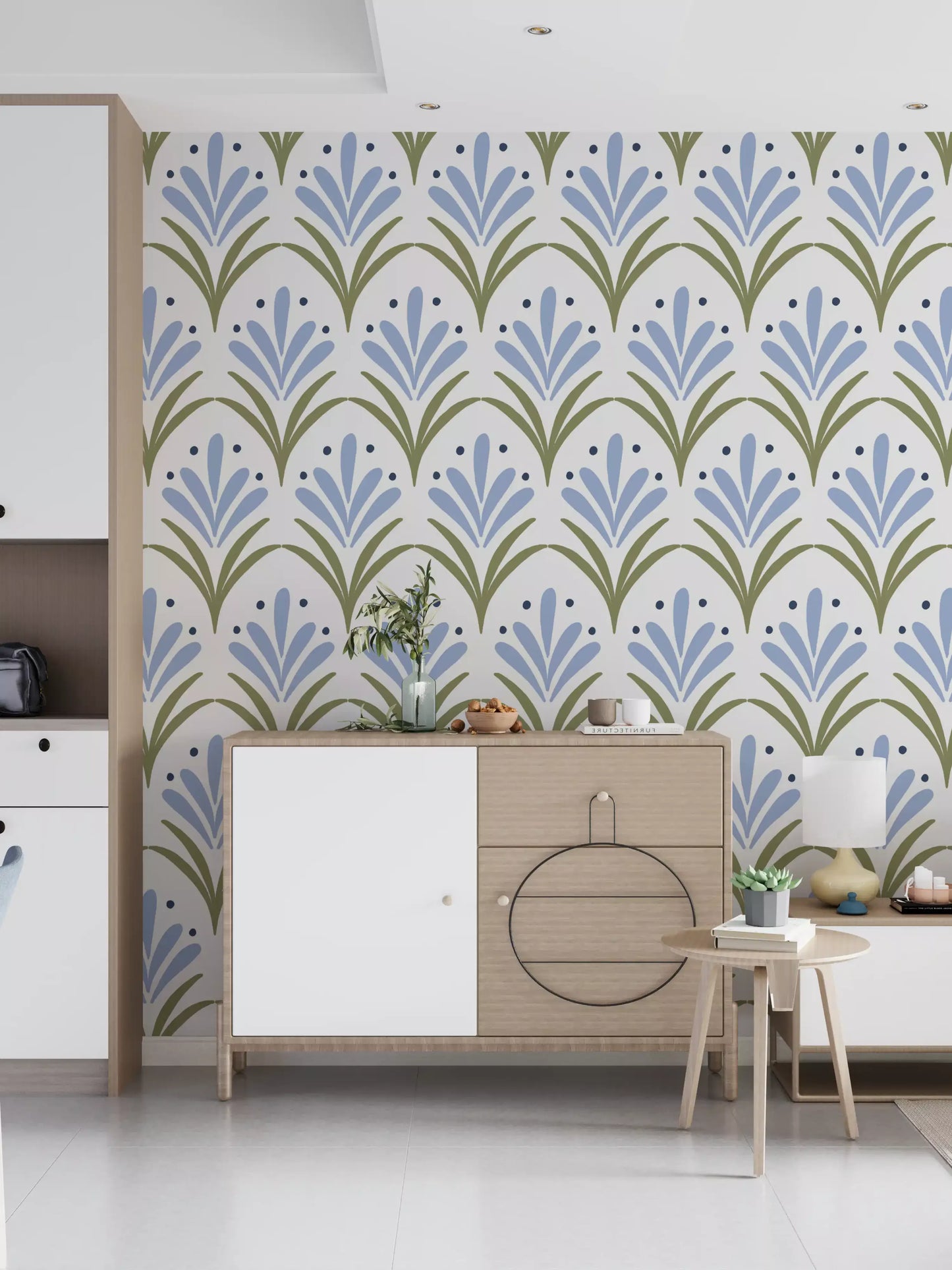 Art Deco floral wallpaper applied on a hallway feature wall.