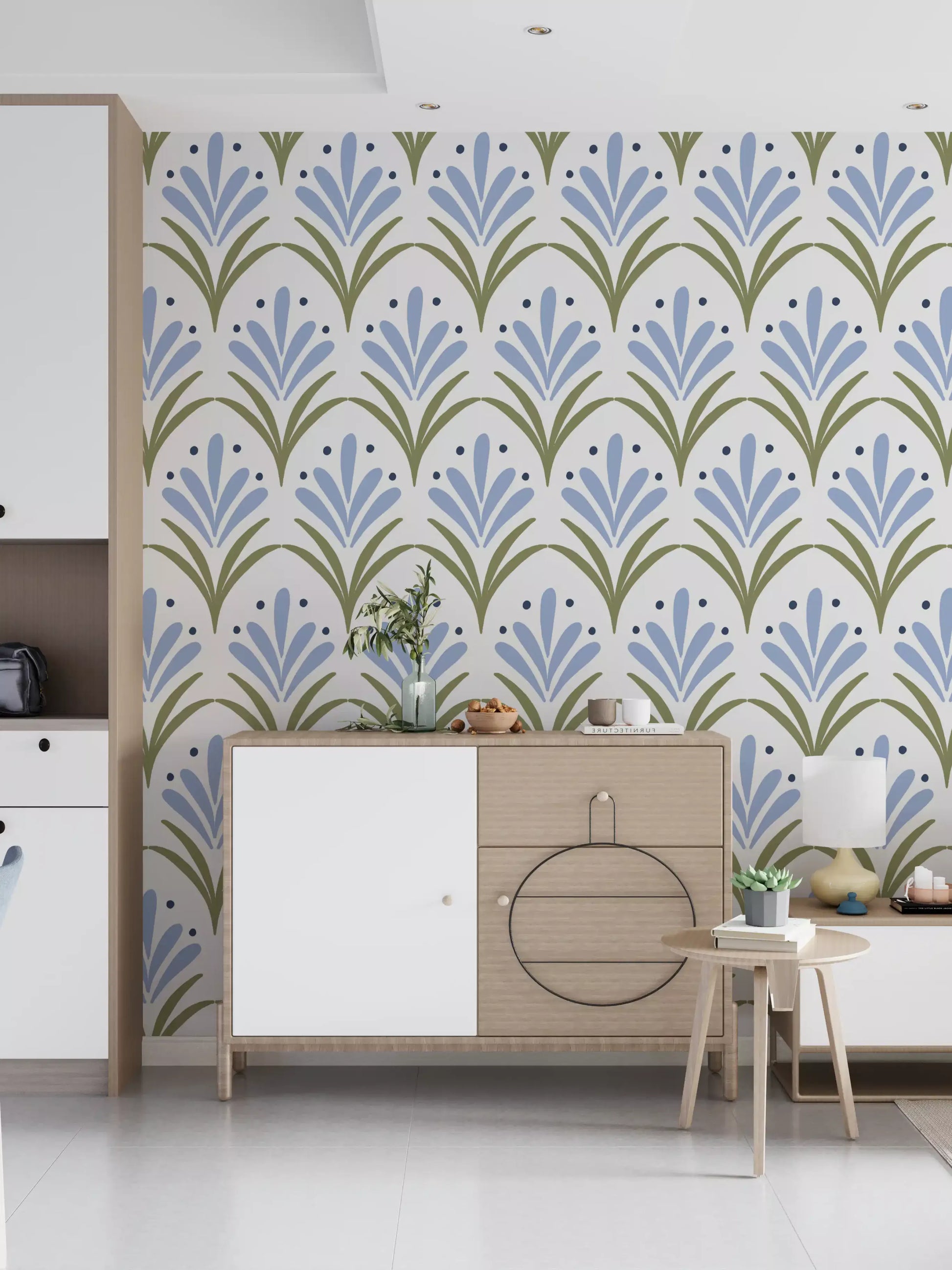 Art Deco floral wallpaper applied on a hallway feature wall.