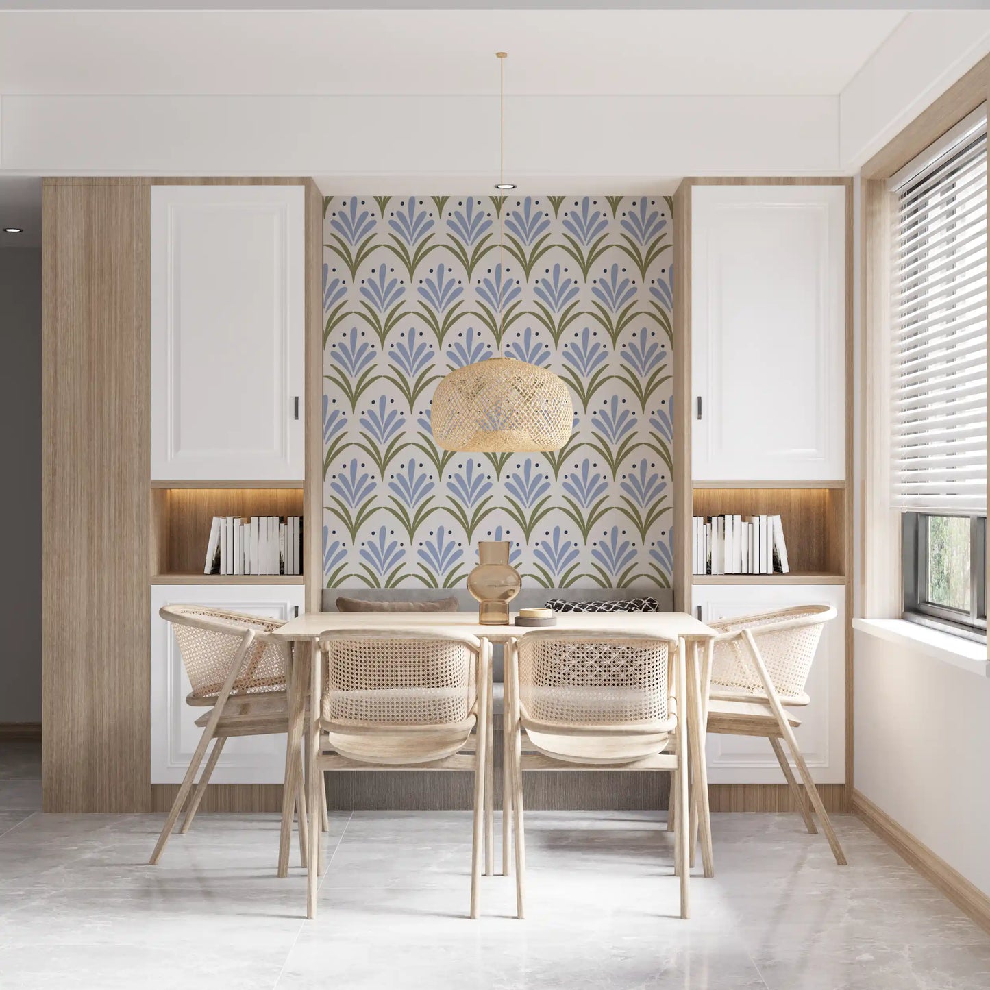Sage green and blue Art Deco wallpaper on a dining area backdrop.
