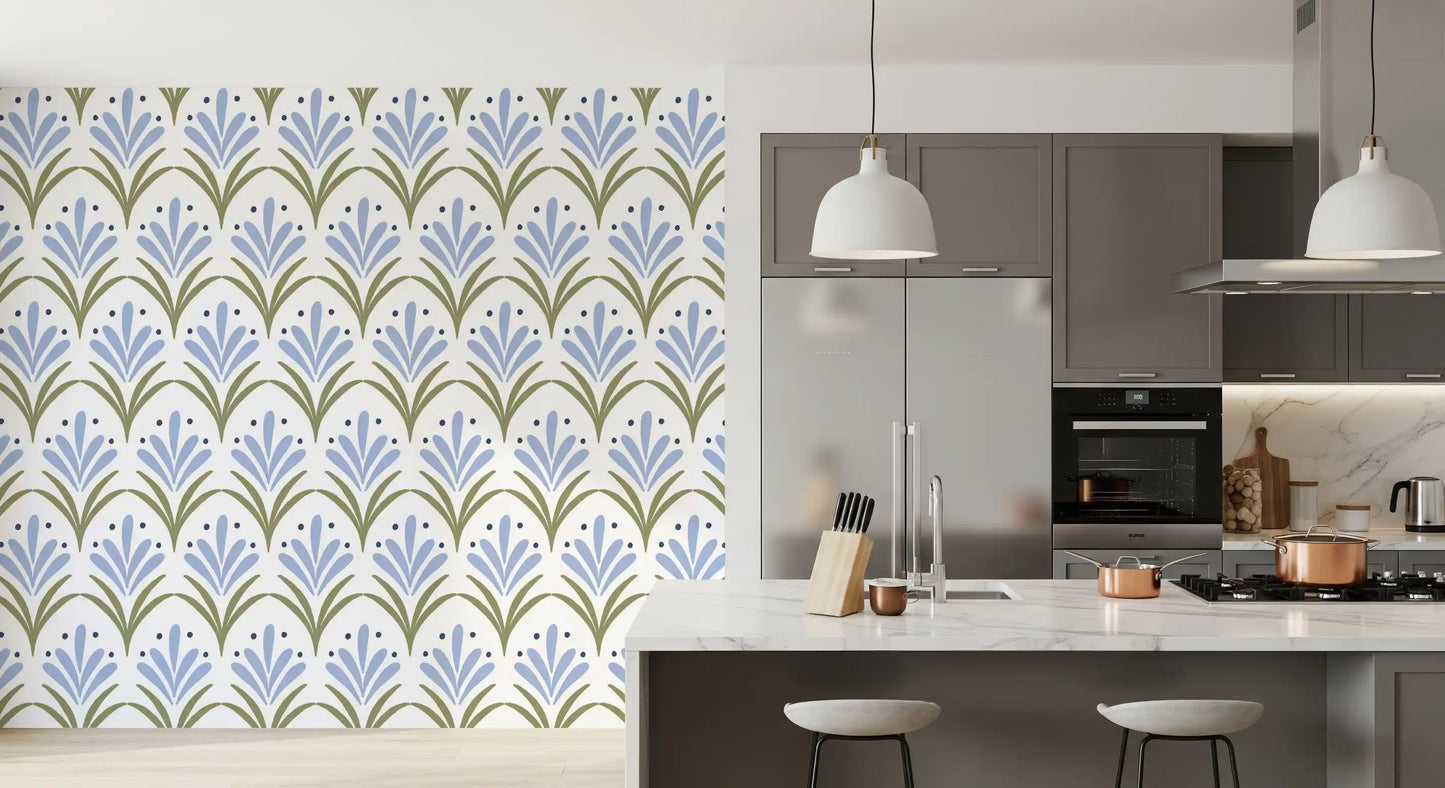 Repeat floral wallpaper with green and blue tones on a dining area wall. 