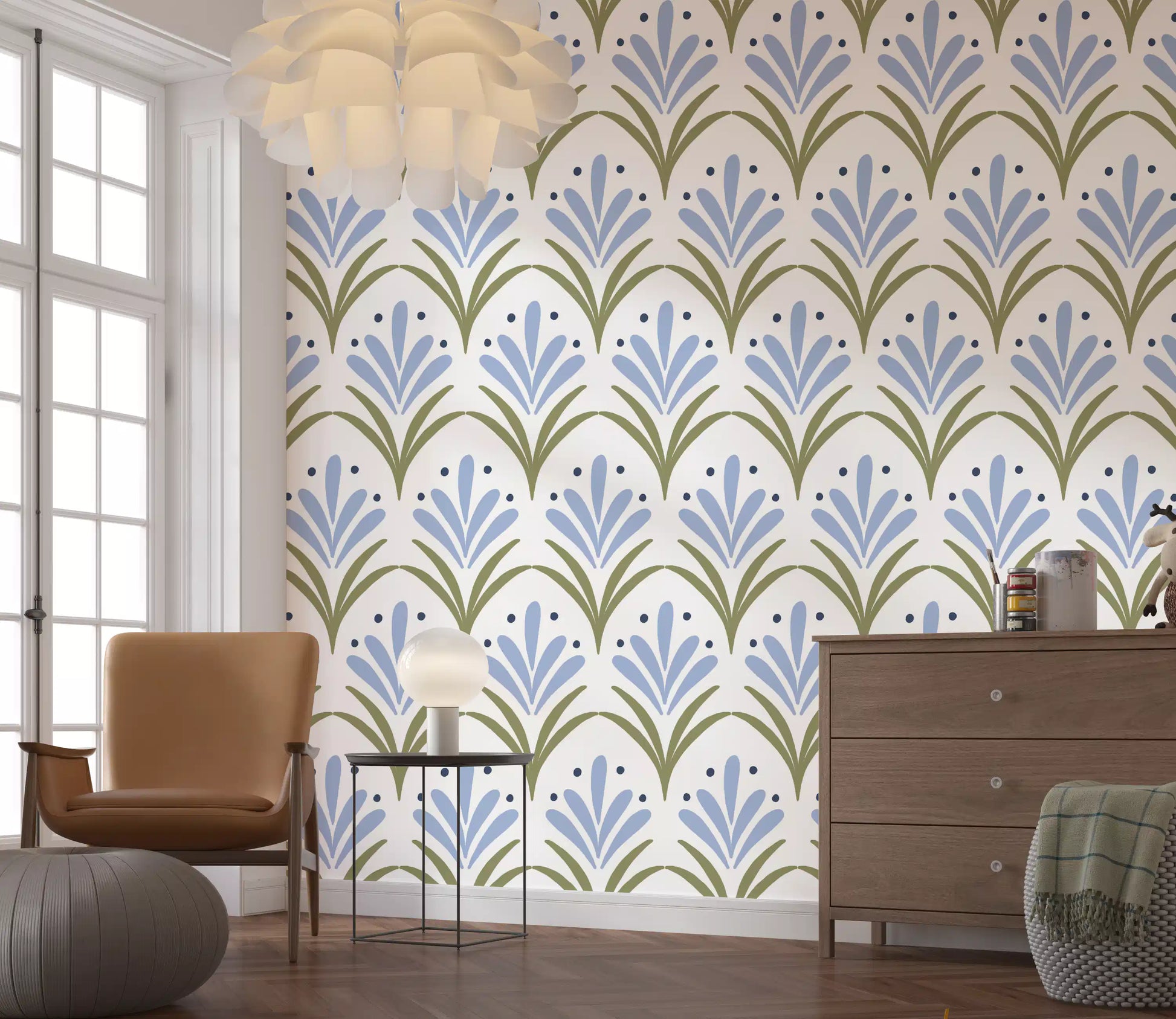 Powder blue and sage green Art Deco floral wallpaper in a scallop arrangement. 