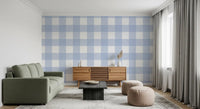Powder blue check wallpaper with a clean white grid across the wall.