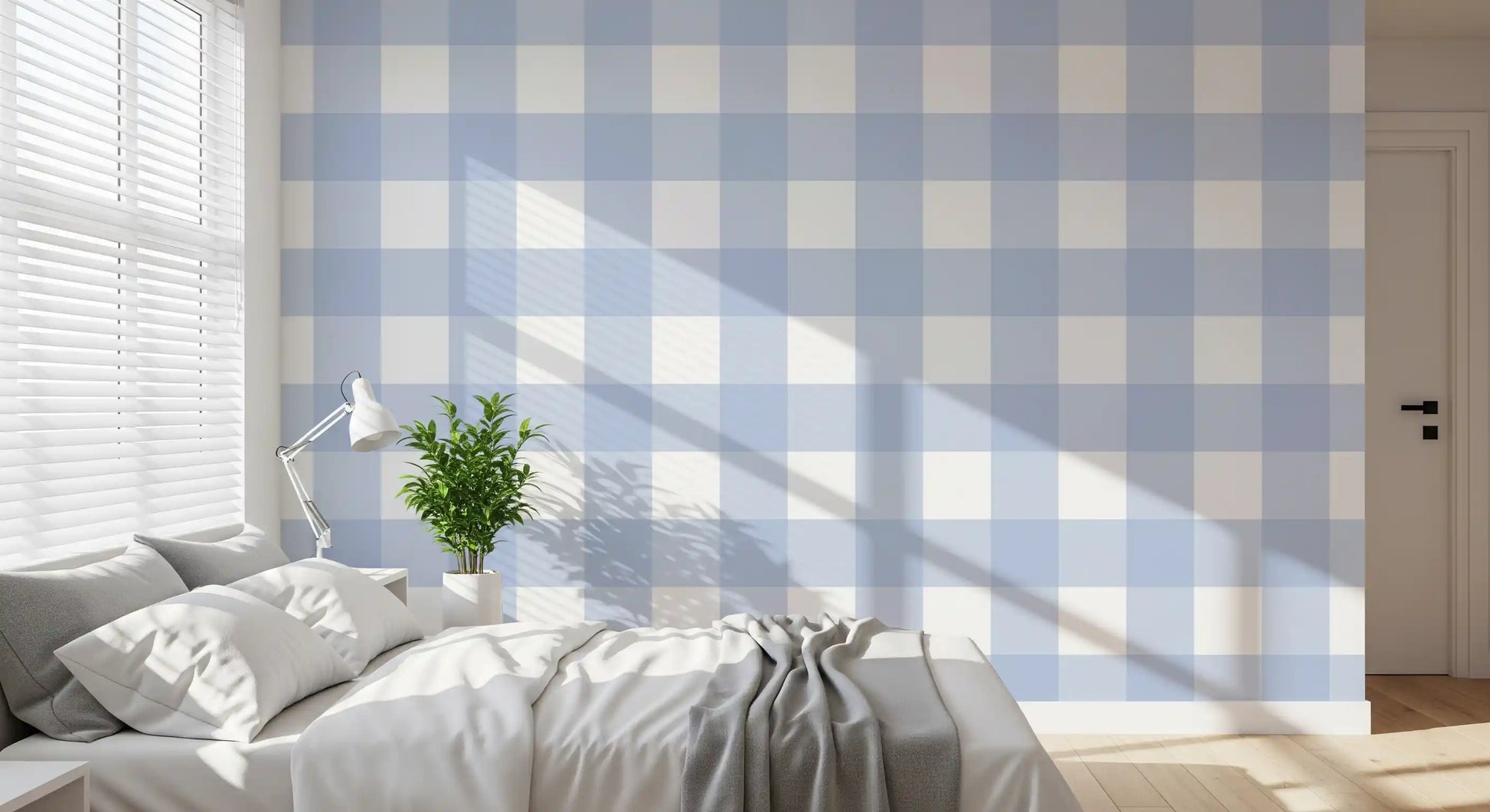 Pale blue check wallpaper with soft white and cornflower blue squares.