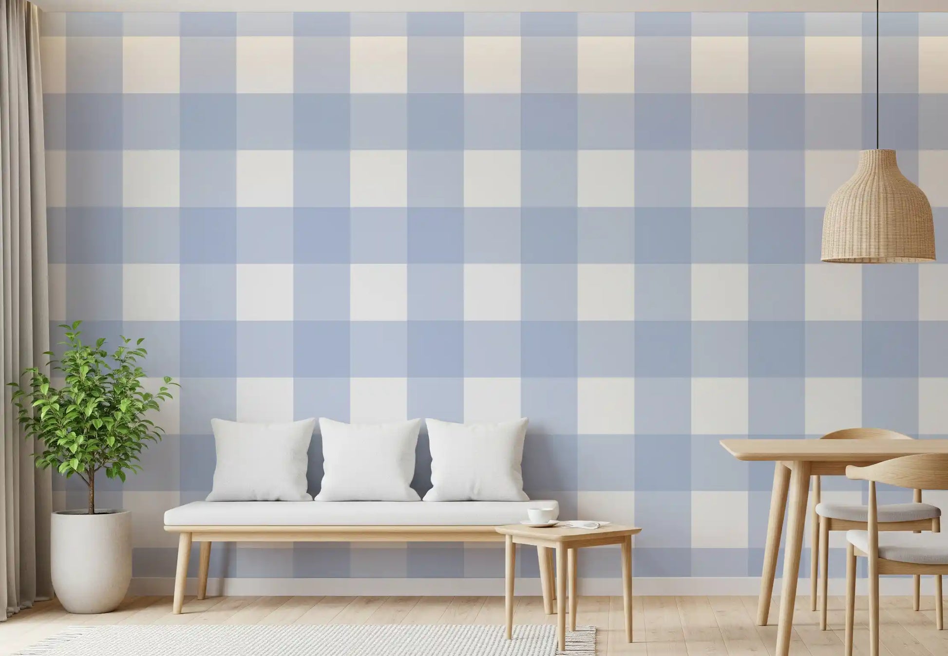 Light blue checkered pattern wallpaper with airy white intersecting bands.