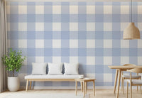 Light blue checkered pattern wallpaper with airy white intersecting bands.