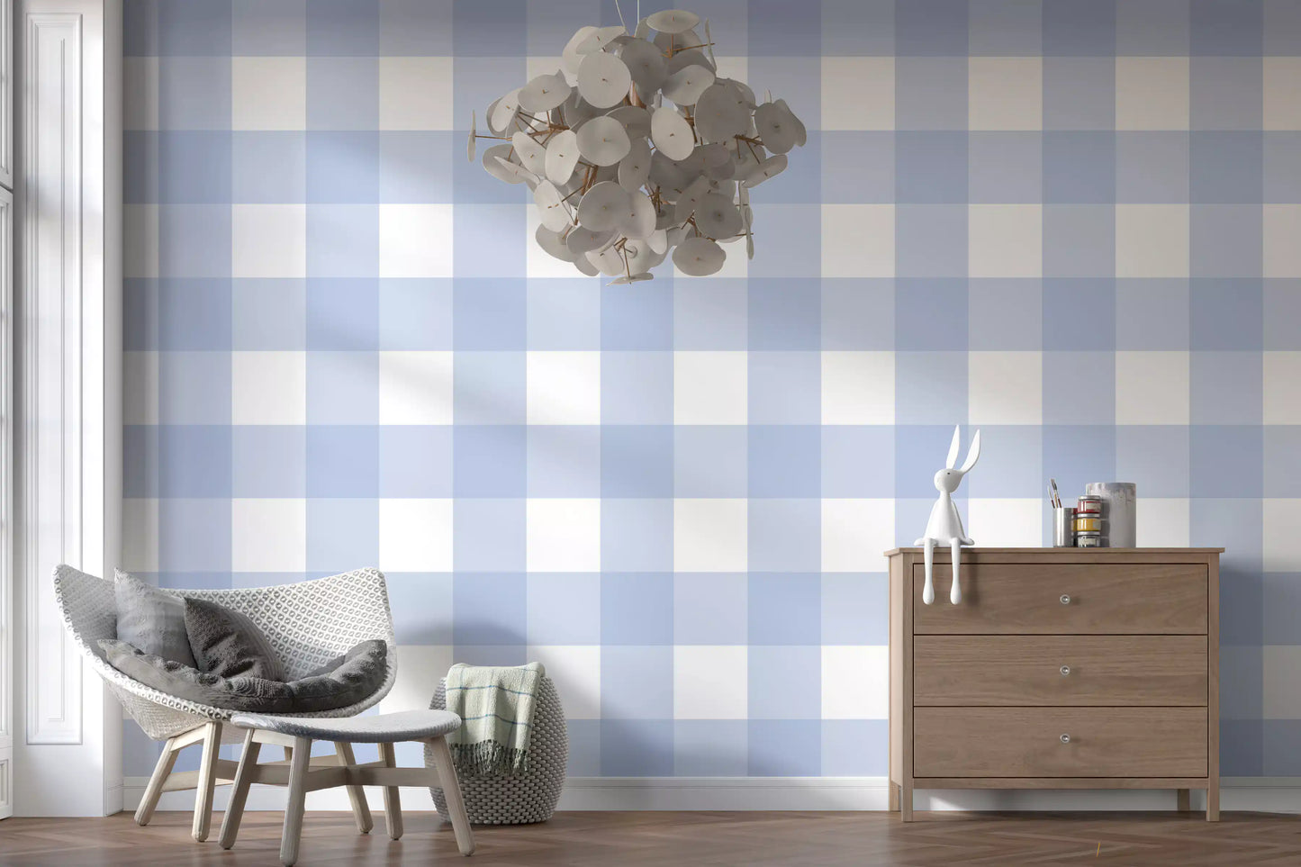 Hallway area with soft blue gingham wallpaper as a quiet backdrop.