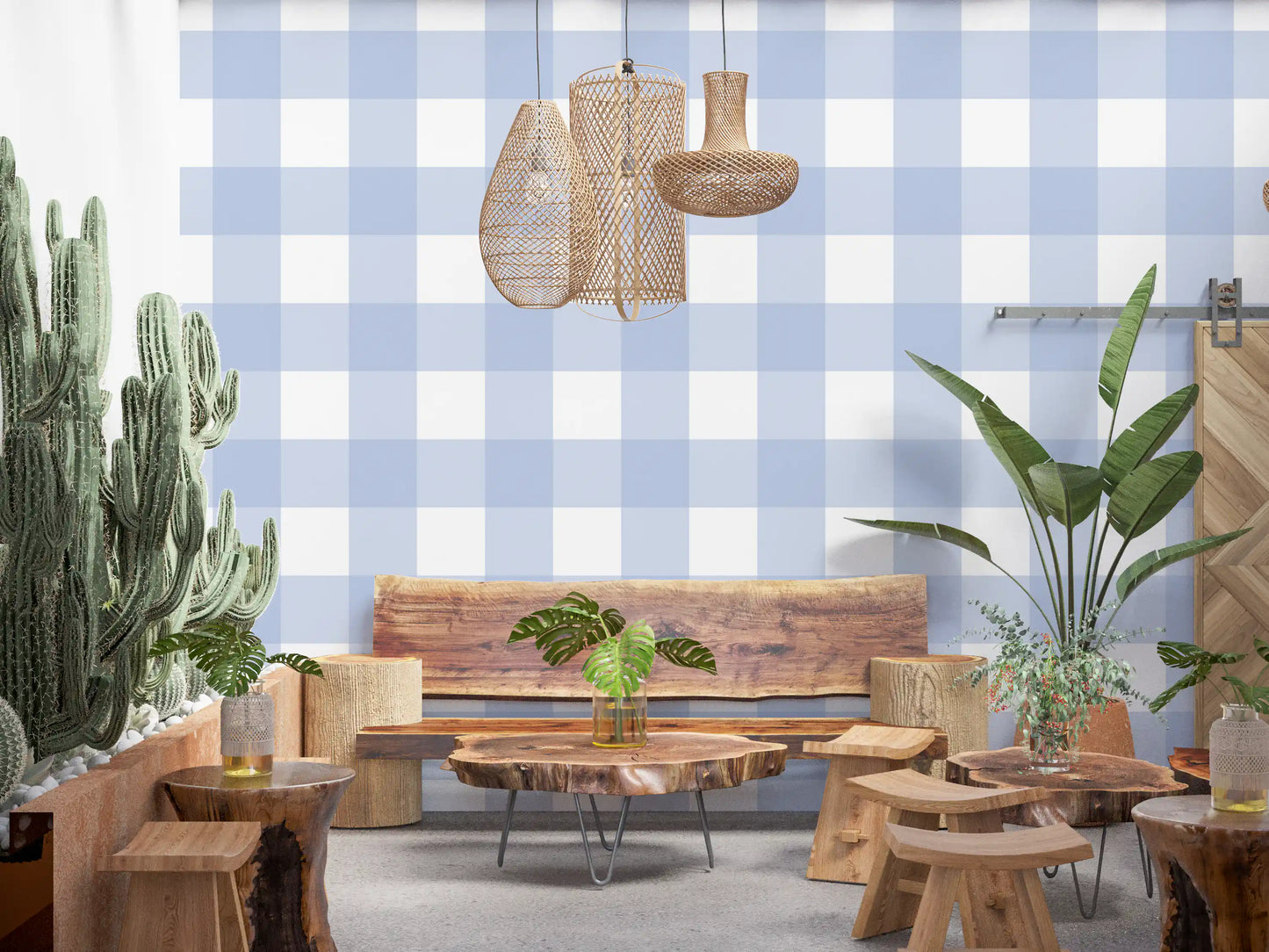 Crisp gingham wallpaper design with overlapping pale blue checks.
