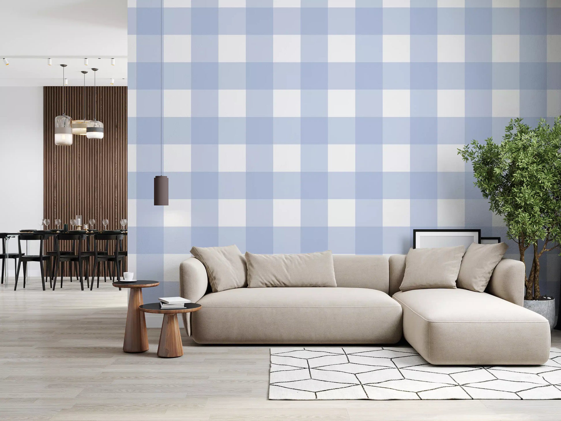 Living room wall covered in pale blue gingham check wallpaper.