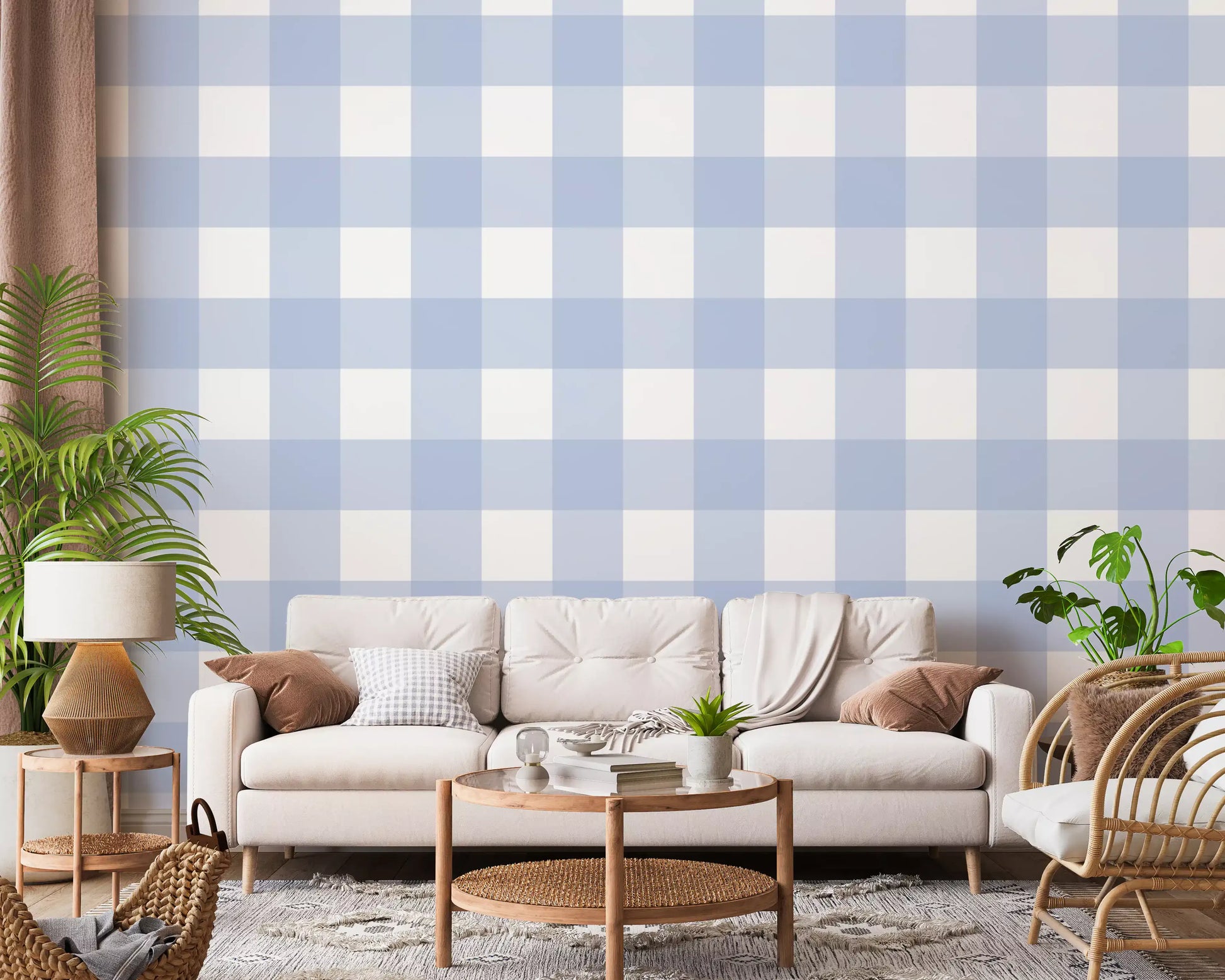 Pale blue gingham wallpaper used as a feature wall in a living area.
