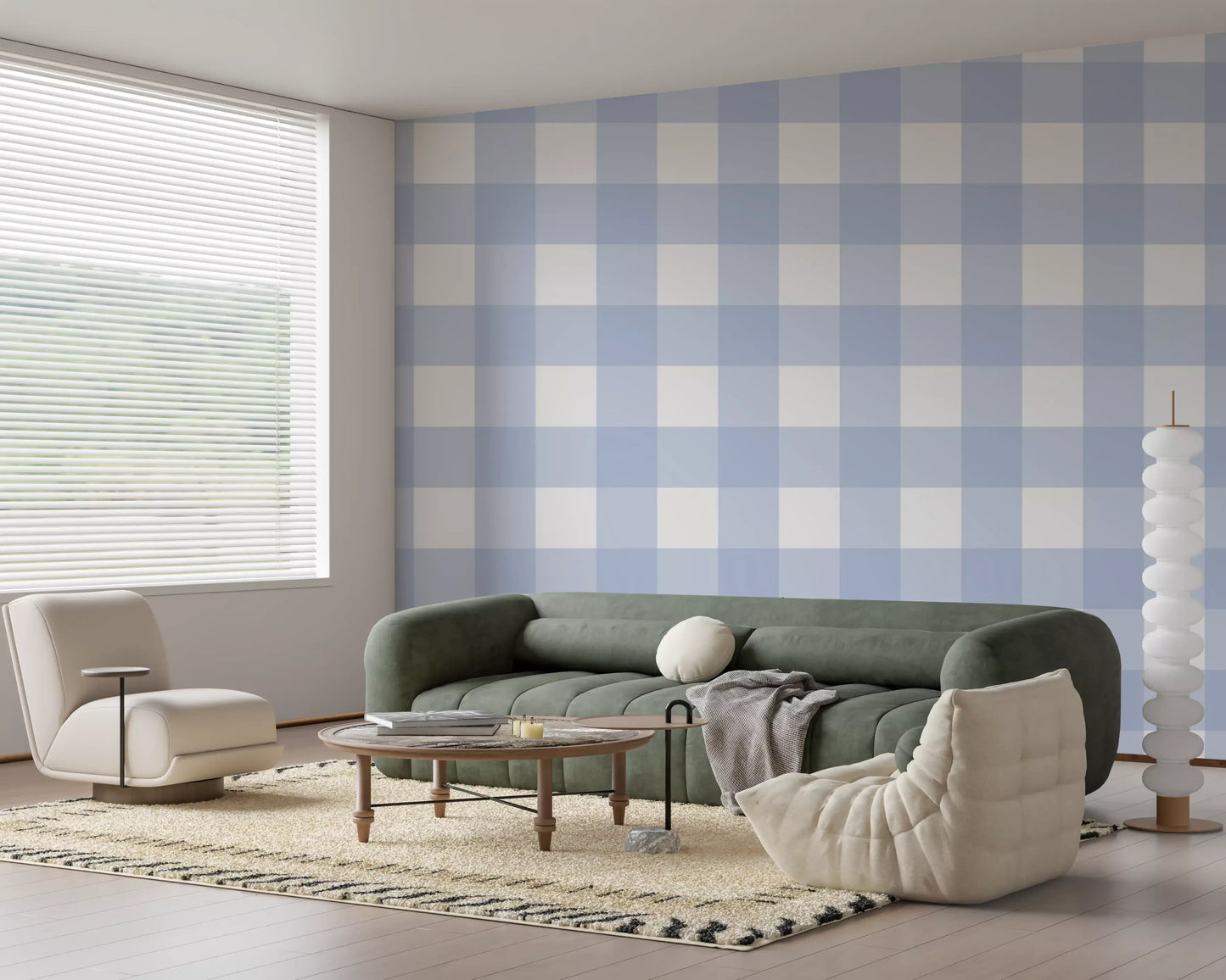 Blue and white gingham checkered wallpaper pattern in pale powder blue.