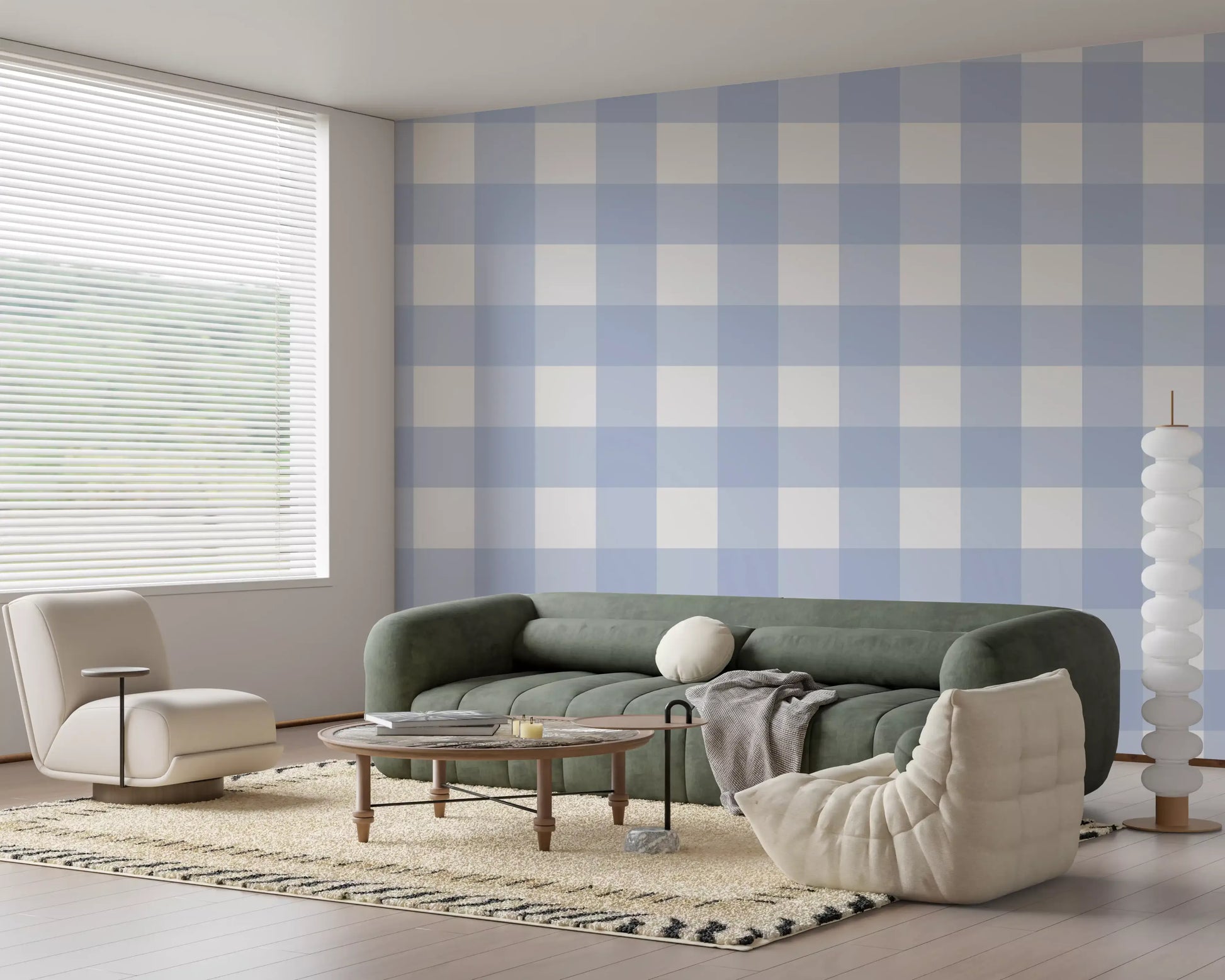 Blue and white gingham checkered wallpaper pattern in pale powder blue.
